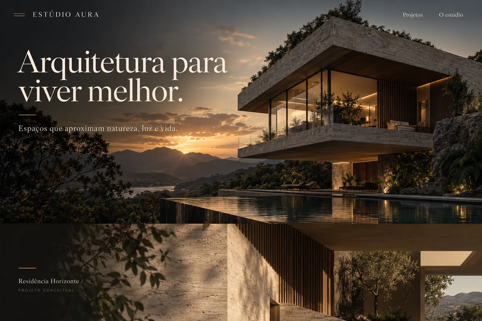 Exemplo de site para um estúdio de arquitetura: fotografia de uma casa contemporânea, título editorial e apresentação do projeto.